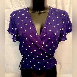 Baloot Woman’s NWT Royal Blue/White Polka Dot Wrap Blouse. Size XS. D267